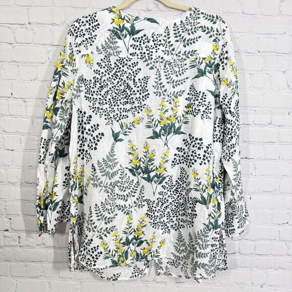 Chinthya Rowley Linen Blouse Women Size Plus 1X Floral Artsy Roll Tab Sleeve Top - Picture 3 of 9